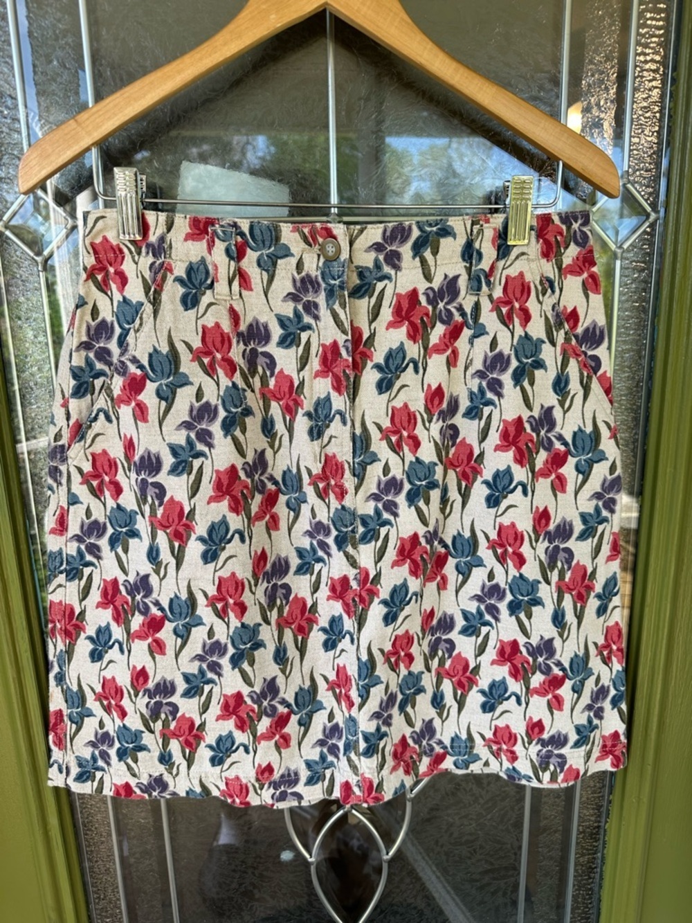 Vtg Lizwear Floral Cotton Linen Mini Skirt Size 10 Pockets Red Blue Purple Tan - Picture 1 of 5